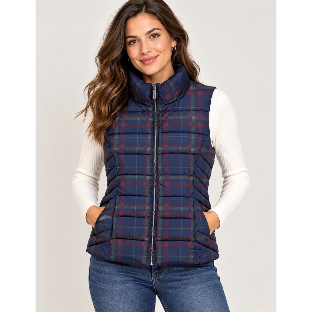 Tommy Hilfiger Puffer Vest Womens Medium Navy Plaid Full Zip Quilted Outerwear